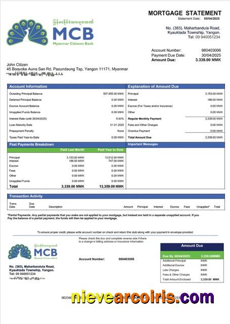 Myanmar Citizens Bank mortgage statement Word and PDF template
